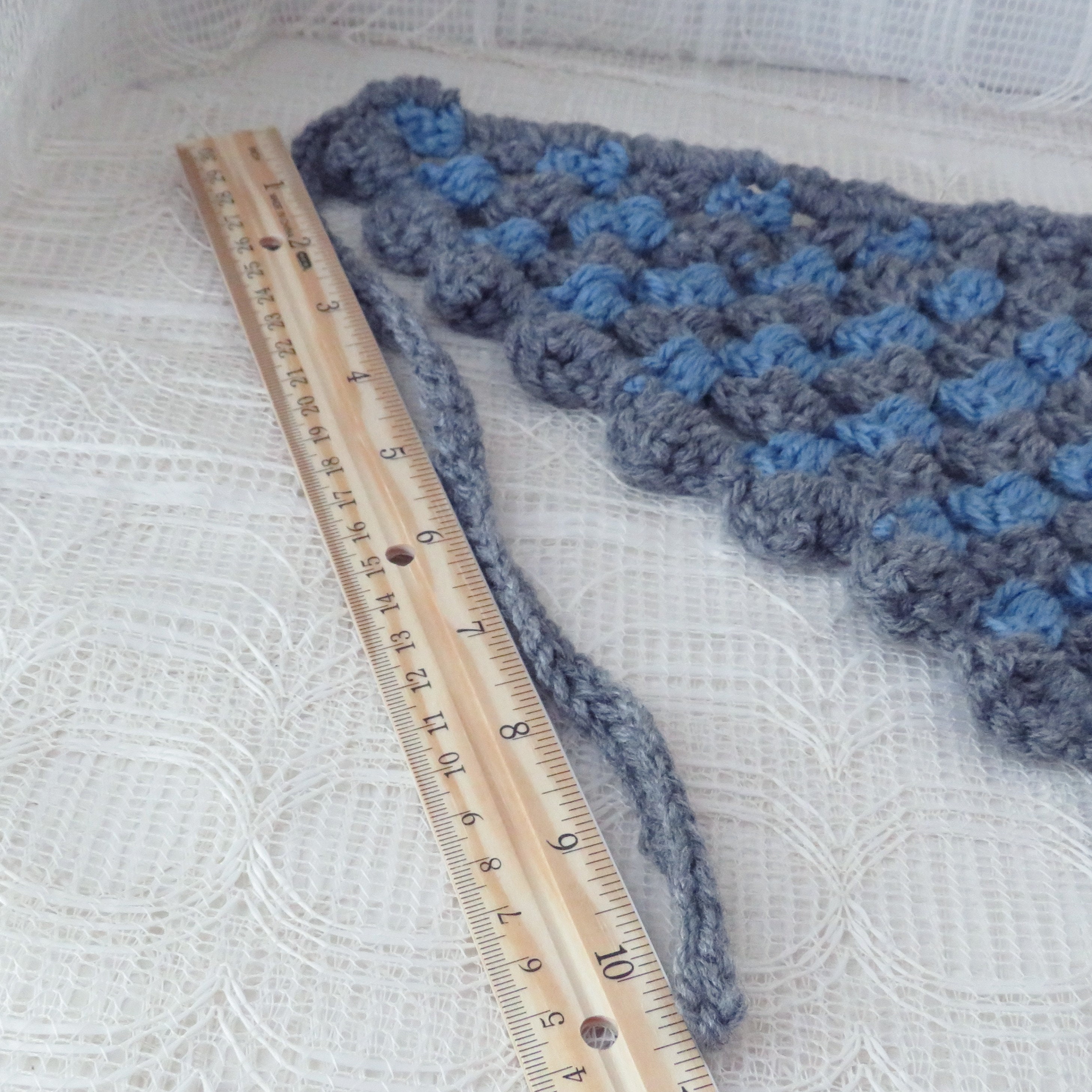 Handmade Crocheted Gray and Blue Bandana, Boho Style Head 