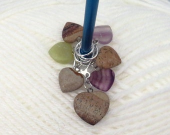 Handmade Heart Shaped Semi Precious Stone Stitch Marker Set, Knitting Supplies, Knitting Tools, Knitting Notions, Crochet Accessories