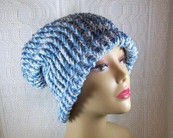 Handmade Winter Knit Hat / Winter Cap / Cozy Winter Hat / Warm Hat / Blue and White Slouch Hat / Slouchy Knitted Hat