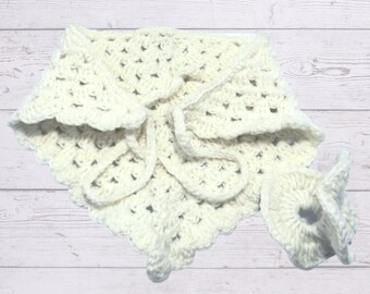 White Crocheted Bandana and Scrunchie / Crocheted Hair Accessories / Handmade Hair Band / Crocheted Scarf & Pony Tail Holder / Gift for Her