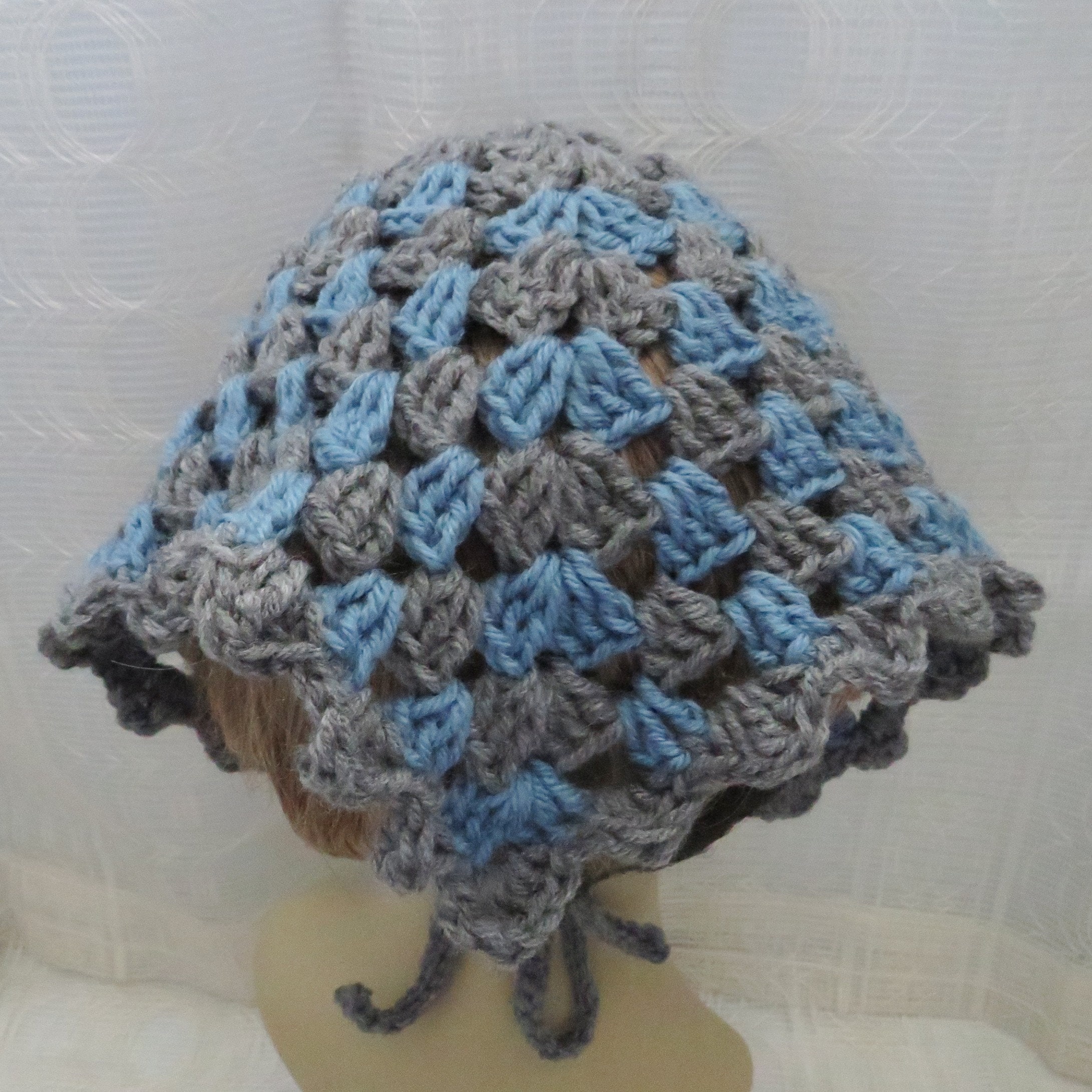 Handmade Crocheted Gray and Blue Bandana, Boho Style Head  display picture 1