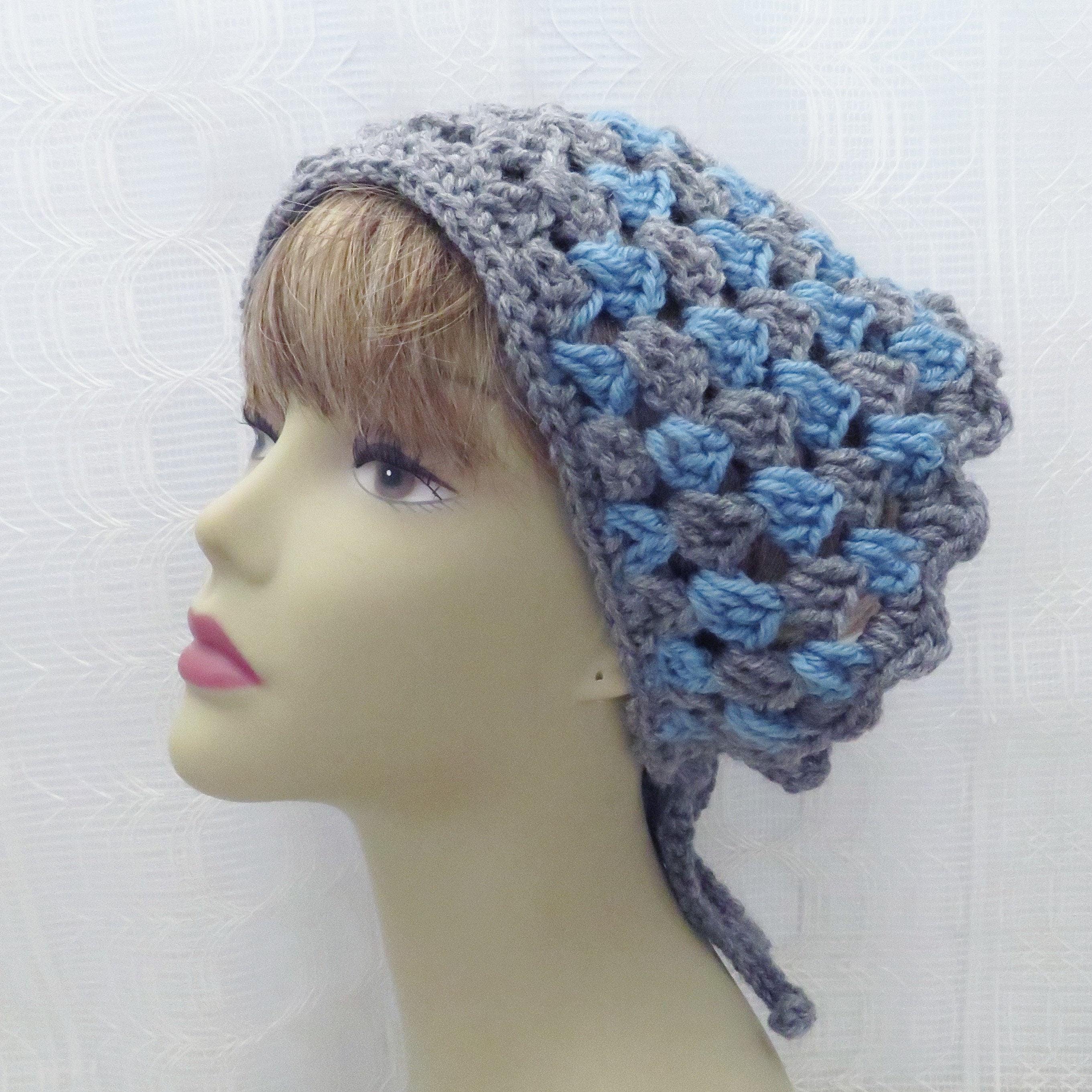 Hand Made Crochet Blue-Gray Silver Lurex Bandana/Neck Scarf/Rustic Boho Style Handmade Crocheted Gray and Blue Bandana, Boho Style Head  main image 3