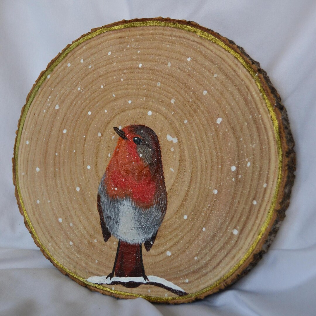 Hand Painted Robin Wall Art Large Wood Slice Wall Decor Robin Painting ...