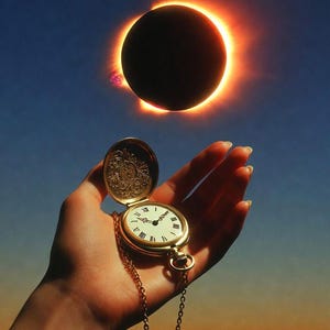 May include: A gold pocket watch with a chain is held up against a backdrop of a solar eclipse. The watch has a white face with black Roman numerals and hands. The eclipse features a dark center surrounded by a bright orange glow.