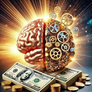 May include: An artistic rendering of a brain, one half organic and the other half mechanical with gears. Stacks of $100 bills and gold coins are in the foreground, with a bright light emanating from the brain.