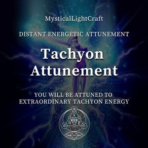 Puede incluir: Una ilustración digital de un símbolo geométrico con un contorno blanco sobre un fondo azul y morado con rayos. El texto "Tachyon Attunement" está en blanco y el texto "You will be attuned to extraordinary Tachyon energy" está en blanco.