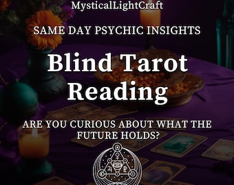 May include: A purple table cloth with tarot cards spread out on it. A candle and a bowl of beads are in the foreground. The text "Blind Tarot Reading" is in the center of the image. The text "Are you curious about what the future holds?" is below the text "Blind Tarot Reading".