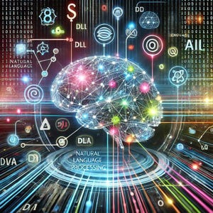 May include: A digital illustration of a brain with a network of glowing lines and nodes, representing neural connections. The image features text elements such as "NATURAL LANGUAGE PROCESSING" and various symbols, with a color palette of blues, greens, and pinks.