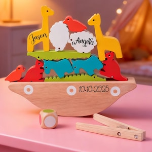 Engraving Name Stacked Toys, Custom Wooden Balance Toys, Baptism Gift for Kids, Montessori Toys, Christmas Gift for Kids, Noah’s Ark Toy