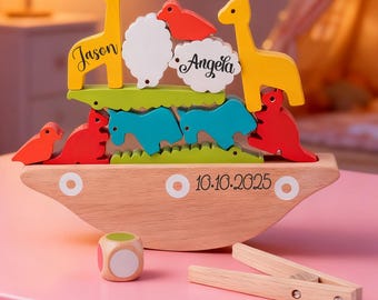 Engraving Name Stacked Toys, Custom Wooden Balance Toys, Baptism Gift for Kids, Montessori Toys, Christmas Gift for Kids, Noah’s Ark Toy
