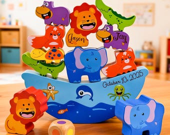 Custom Name Stacking Toys, Wooden Noah’s Ark Toys, Personalized Montessori Wood Toys, Christening Gifts for Kids,  Christmas Gifts for Boy
