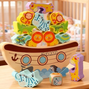 Custom Name Wooden Stacking Toy,Personalized Montessori Toy,Christmas gifts for Kids,Montessori Toy,Noah’s Ark Toy,Baptism Gift for Kids