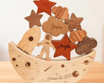 Personalized Moon Balance-Stacking Toy, Space Theme Balance Toys, Engraving Name, Baptism Gift for Kids, Christmas Gift for Boys & Girls