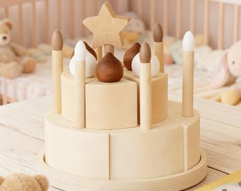 Wooden Birthday Cake Toy, Personalized Montessori Pretend Play Baking Set, Christening Gifts, Play Dishes Kitchen Accessories