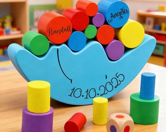 Wooden Handmade Stacking Toy, Personalized Baptism Gift for Kids, Montessori Balance Toy, Noah’s Ark Toy, Christmas Gift for Boys & Girls