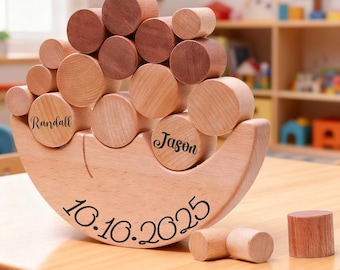 Personalized Moon Balance-Stacking Toy, Engraving Name Balance Toys, Baptism Gift for Boys & Girls, Noah’s Ark Toy, Christmas gifts for Kids