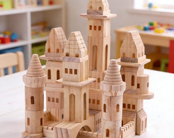 Vintage Wooden Castle Blocks, 75 Pieces Handmade Montessori Toys, Waldorf Toys