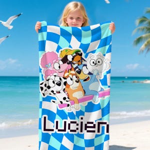 Personalized Kids Towel with Name | Soft Cotton Cartoon Dog Design | Custom Beach, Pool, Bath Towel | Cute Summer Gift for Boys and Girls