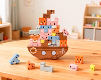 Engraving Name Stacked Toys, Noah’s Ark Toy, Baptism Gift for Boys & Girls, Montessori Wooden Balance Toy, Christmas Gift for Kids