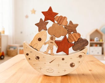 Montessori Wood Balance Toys, Space Theme, Eco Friendly Sensory Game, Baby Christening Gifts
