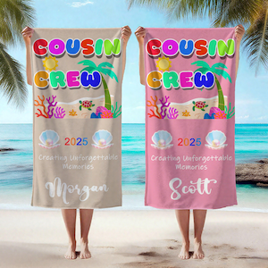 Personalized Cousin Crew Beach Towel, Matching Family Reunion Towels, Custom Name Pool Towel for Summer Vacation, Cousin Trip Towel Gift