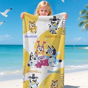 Custom Name Dog Towel | Personalized Fun Towel | Colorful and Soft Cartoon Towel | Beach, Pool, Bath Gift for Boys and Girls