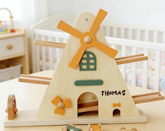 Custom Name Wooden Car Roller With Cars, Personalised Montessori Toy, Early Learning Toy, Wooden Gear Windmill Toy, Baptism Gift for Child