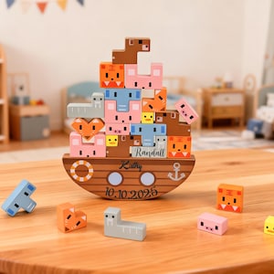 Engraving Name Stacked Toys, Noah’s Ark Toy, Baptism Gift for Boys & Girls, Montessori Wooden Balance Toy, Christmas Gift for Kids