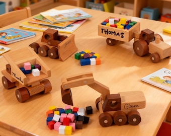 Custom Wooden Engineering Vehicles,Wooden Car Set With Names,Personalised Montessori Toddler Toys,Christening Gifts for Boys,First Christmas