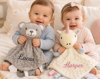 Couverture personnalisée Lovey animal avec nom personnalisé, nom brodé, couverture de sécurité, couverture de sécurité douce, cadeau de baby shower, cadeau de nouveau-né