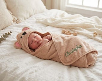 Personalisiertes Baby Kapuzenhandtuch gestickter Name, niedliches Tier Kapuzenhandtuch, Babypartygeschenk, neues Elterngeschenk, einzigartiges Baby-Namensgeschenk