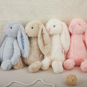 Może przedstawiać: Cztery pluszowe zabawki w kształcie królika w różnych kolorach, w tym jasnoniebieskim, beżowym, białym i różowym. Każdy królik ma wyszyte na uchu imię, w tym "William", "Loveable" i dwa inne imiona.