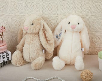 Personlig broderad kanin, personlig kaninleksak, anpassad monogramkanin, mjuk plyschleksak med kanin, personlig kanin