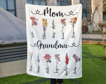 Custom Blanket with Birth Flower Names,Personalized Garden Birth Month Flower Blanket,Grandma Garden Blanket,Grandma Love Grows Here Blanket