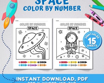 Colorea el espacio por números / Actividad educativa para niños / Preescolar, Prejardín de infantes, Jardín de infantes / Páginas para colorear de cohetes, planetas, astronautas y galaxias