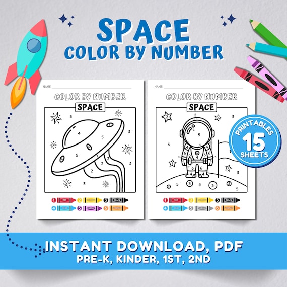 Color by Number Space | Educational Activity for Kids | Preschool, Pre-K, Kindergarten | Rockets, Planets, Astronauts, Galaxy Coloring Pages
