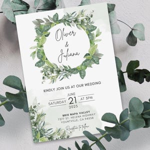 May include: Wedding invitation featuring the names "Oliver & Juliana" within a green foliage wreath. The invitation includes the date, time, and location: June 21, 2025, at 3 PM, Brix Napa Valley, Yountville, CA.