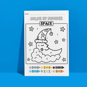 15 space-themed color by number pages for kids featuring rockets, planets, astronauts, and more. Uses numbers 1-10 to help with number recognition, fine motor skills, and color matching. Shown in black-and-white (before coloring) and fully colored examples. Prints on US Letter (8.5" x 11") or A4 paper. Great for preschool, kindergarten, and early elementary kids. Perfect for homeschooling, classrooms, or fun at home. Instant digital download, print as many times as needed!