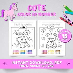 May include: Two printable color by number pages featuring a unicorn with a wand and a teddy bear. The pages are titled "Cute Color by Number" and include a color key with crayons.