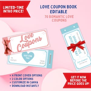 Editable Love Coupon Book, Valentine&#39;s Day Love Coupons, Printable Canva Template, Romantic Anniversary Gift, Him and Her, Birthday Gift