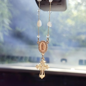 Gold Cross Rear View Mirror Hanging, Rosary Charm Virgin Car Charm Decor Accessory, New Car Protection Gift, Religious Catholic Gift