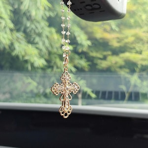 Gold Cross Rear View Mirror Car Hanging, Cross Car Hanging Charms, Car Rearview Mirror Hanging Accessories New Car Protection Gift for Her