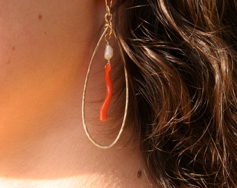 Gold Fill Drop Earring With Red Coral and Pearl