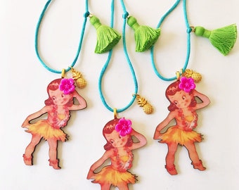 Hawaiian Girl Necklace, Retro Hula Girl Jewelry, Hawaiian Birthday