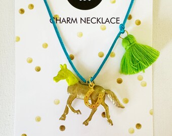 Girls Horse Necklace in Gold with Boho Tassel and Lucky Charm