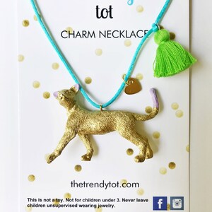 Kitty Cat Necklace in Gold with Heart Charm and Tassel for Girls and Kids