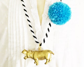 Gold Hippo Necklace with Pom pom for Kids Girl Boy