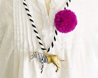 Gold Dipped Zebra Pom Pom Necklace for Kids
