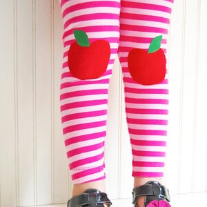 Apple Leggings, Girls Knee Patch, Pink Stripe Leggings / Back to School image 6