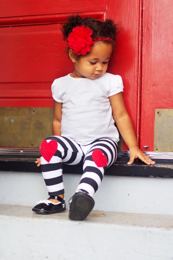 Valentines Girls Heart Leggings / Black and White Striped Kneepatch Leggings  